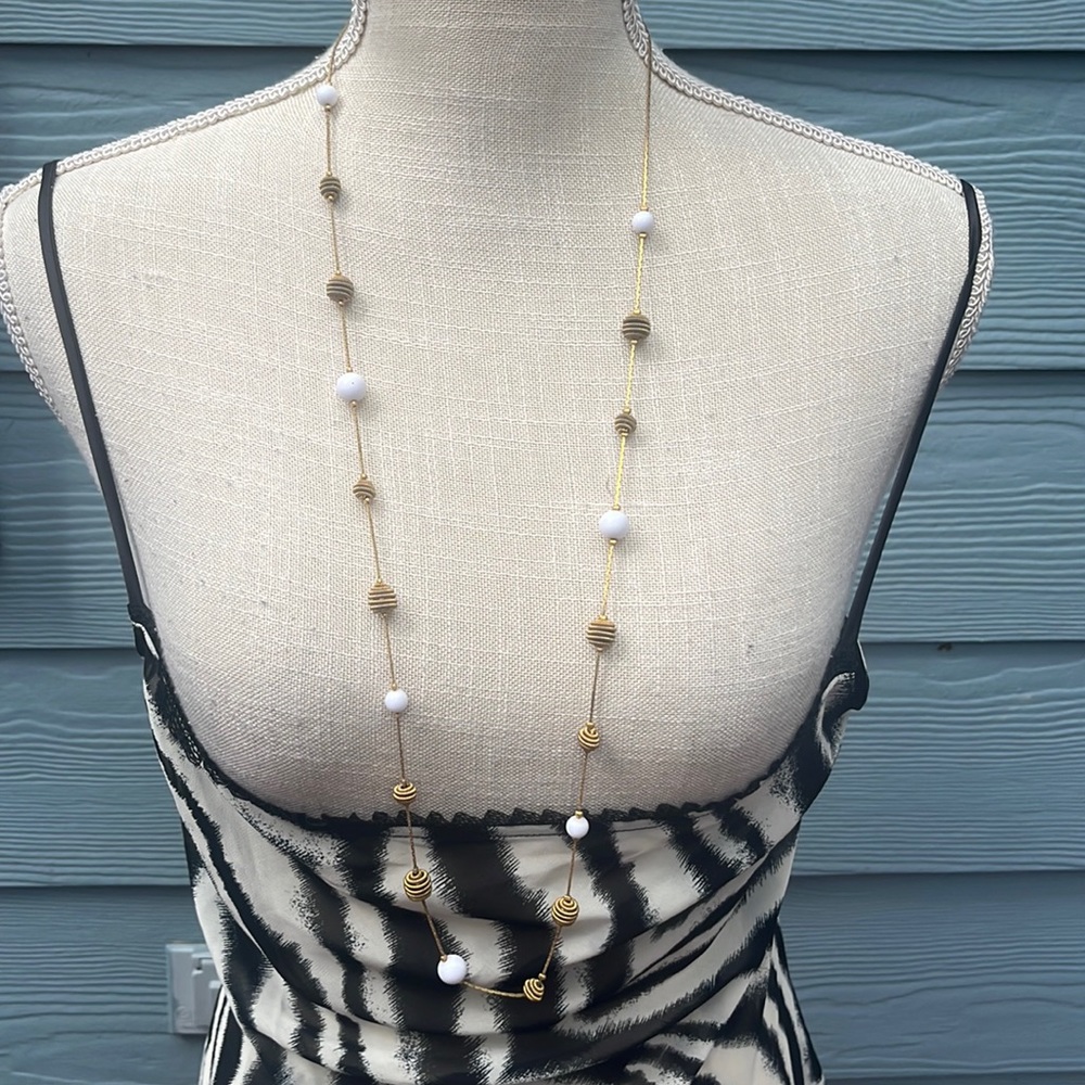 Vintage Trifari Gold Long Chain Necklace/ White Pearl and Gold Pearls